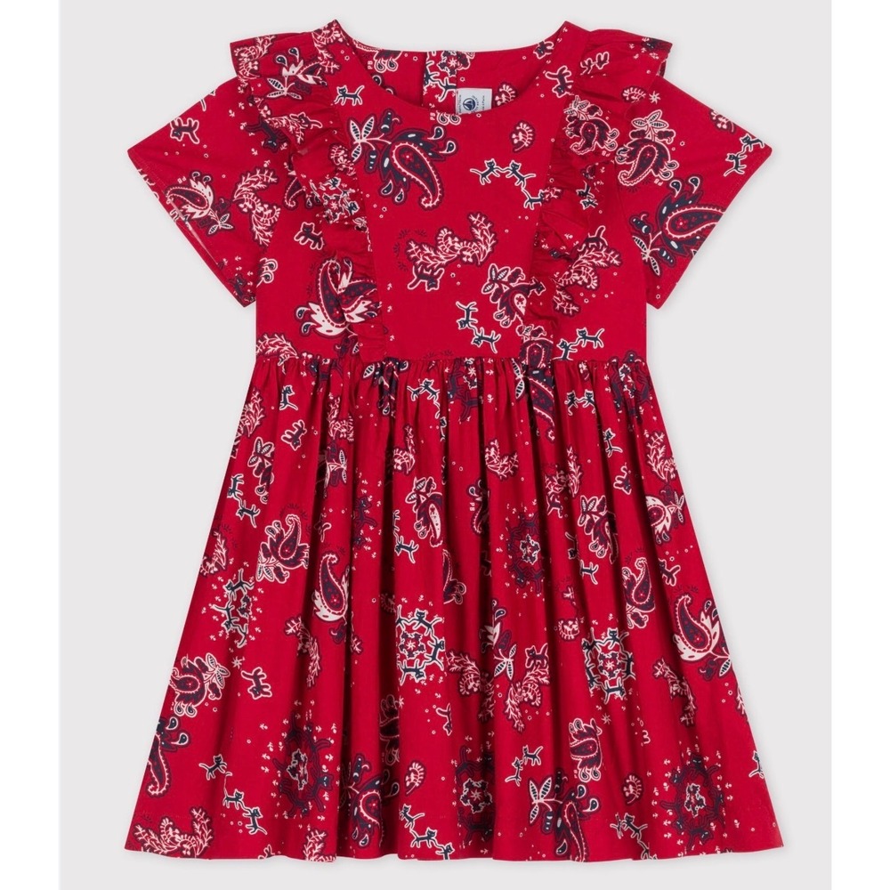 Petit Bateau Girls 8 Red Bandana Paisley Cat Print Cotton Poplin Ruffle Dress